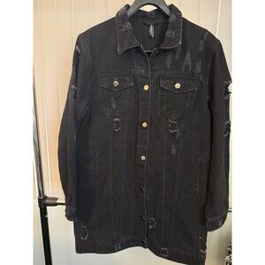 Women’s American Bazi Black Denim Distressed Fashion Tour Jacket Size Large